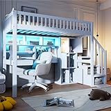 Lcoho Hochbett, 90x200cm, Ferngesteuertes Ambientelicht, Ablageleiter, Regale, Ablagefächer, Schreibtisch, ohne Matratze,Weiß