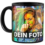 Schwarze Tasse selbst gestalten - mit Text & Foto Bedrucken - mit anpassbarem Hintergrund - Geschenk für Familie, Freunde, Geburtstag, Weihnachten - Keramik, 330 ml I Personalisiert