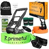 Primeful® Slackline Komplettset 18,5m - Das All-in-One Set für Kinder & Erwachsene inkl. Trainingsleine, Baumschutz & ergonomischer Ratsche (Green Slackline with Training line)