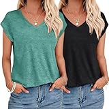 YUTILA 2er Pack Tshirt Damen Sommer Casual Basic Shirt Einfarbig Kurzarm Tee Tops Oberteile V Ausschnitt Locker Lässig T Shirt