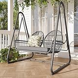 Gartenschaukel 2-Sitzer, PE-Rattan Gartenschaukel mit Sitzkissen, Hollywoodschaukel mit Rückenlehne, Doppelschaukel für Garten Balkon, bis 320KG (Grau)