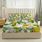 Weiches Spannbettlaken aus Mikrofaser 90 x 200 cm, Aquarell Zitrone Blumen Bedrucktes Weiche Bequem Gelb Grün Spannbetttuch mit Tiefe Tasche, für Einzelbett Doppelbett