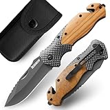 IKORES Klappmesser (Zweihandmesser),Taschenmesser mit Holzgriff und Nylonscheide,Edc Messer mit Taschenclip,für Camping, Wandern