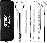 GTEX Zahnsteinentferner Zahnreinigung Set, 6er Zahnpflege Set mit Zahnsonde Zahnspiegel Zungenreiniger Aus Edelstahl mit Tragetasche