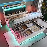 RIAZOS Polsterbett 140x200, Hydraulischer Stauraumbett, Doppelbett mit USB Type-C-Ladefunktion, Stauraum-Kopfteil mit LED Ablageflächen, Jugendbett Erwachsenenbett, Beige, Ohne Matratze