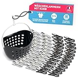 48 Wäscheklammern mit Korb stabil/Klammerkorb schwarz, Wäschekluppen ohne Abdruck, Klammern Wäsche, Soft Clip groß schwarz weiß, Wäscheklammerkorb zum Aufhängen auf Wäscheleine und Wäscheständer