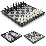 Gibot Schachspiel Magnetisch, 3-in-1 Schachspiel Hochwertig, Einklappbar Schachbrett, Reiseschach, Schach für Kinder und Erwachsene, Schwarz und Weiß 32 × 32 cm