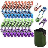 VOUNOT Wäscheklammern 40er Set, aus Edelstahl, mit Soft Grip und Haken, in 4 Farben, mit Wäscheklammerbeutel Mehrfarbig 16 * 12.5 * 12.5cm