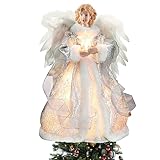 32cm Engel Weihnachtsbaum Topper, Weihnachtsengel Baumspitze Weihnachtsbaum Toppers Dekorationen, Stoff Weihnachtsdekorationen Light Up Angel, Weihnachtsbaum Engel Spitze Baumspitze (Silber)