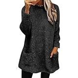 Teddy Pullover Damen Lang Fleece Flauschig Pulli Weich Winter Warm Sweatshirt Ohne Kapuze Oversize Casual Langarm Lose Plüsch Tops Lockeres Oberteile Mit Taschen Schwarz L