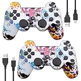 Powerextra 2er Pack PS-3 Controller Wireless Bluetooth PS-3 Hochleistungs Wireless-Double-Shock-Controller für Play-Station 3-Spielekonsole für Double-Shock-Game-Konsole mit Ladekabel(Graffiti)