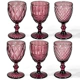 CHLJAR Vintage Weingläser Set, 350ml, 6 Stück, Kristallglas mit Prägemuster, Spülmaschinenfest, Rosa, Bernstein, Grün (Burgundisch)