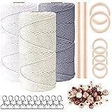 Qetlavee 3stk Makramee Garn,Baumwolle Makramee Baumwollgarn Bunt Farbverlauf für DIY Boho Deko Handwerk Mit 10 Schlüsselanhänger 40 Holzperlen 6 Holzringe 2 Rundstab(3mm x 60m weiß, beige, grau)