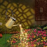 Solar Gießkanne Lichterkette Gartendeko Draußen, Solarlampen für Außen Giesskanne Lichter mit Schäferhaken Metall Vintage Wasserfall Duschlicht Solarleuchten Garten für Balkon Rasen Terrasse