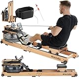 tectake® Wasser Rudergerät für Zuhause + Pulsgurt, Holzrudergerät Heimtrainer mit Wassertank, Wasserrudergerät bis 150kg, Rudermaschine klappbar, Fitnessgeräte für Zuhause, Rückentrainer