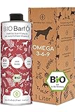 Bio Barf Futteröl für Hunde und Katzen, 1 Liter kaltgepresst aus | Hanföl, Leinöl, Nachtkerzenöl, Chiaöl, Kürbiskernöl, Olivenöl | Bio aus Deutschland - reich an Vitamin-E, Barf Öl, DE-ÖKO-060