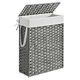 SONGMICS Wäschekorb schmal, Wäschesammler 55 L, Wäschebox aus synthetischem Rattan, mit Deckel und Griffen, geflochten, faltbar, herausnehmbarer Wäschesack, Waschraum taubengrau LCB164G01