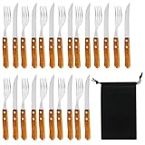 HOMURY 24 teilig Steakbesteck, Besteck Set für 12 Personen, Steakmesser set, Messer und Gabel Set, Steakmesser und Steakgabeln, Stahl Holz Steakbesteck, Besteck für Steak (Retro-Braun)