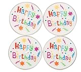 Idena 58370 - Teelichter Happy Birthday, 4 Stück, Durchmesser ca. 6 cm, Brenndauer ca. 4 Stunden, Geburtstag, Kindergeburtstag, Kerzen