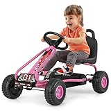 COSTWAY Gokart mit verstellbarem Sitz, Go Cart mit Handbremse, Tretauto bis 30kg belastbar, Pedal Gokart, Tretfahrzeug, Pedalfahrzeug, Kinderfahrzeug für Kinder ab 3 Jahren (Rosa)