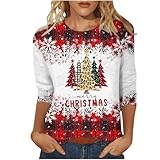 CreoQIJI Damen Festlich Christmas Shirts for Women 2023 Cute Xmas 3D Graphic Sweatshirt Funny Gifts 3/4 Sleeve Crew Neck Pullover Tops Ladies Clothes Seidenbluse Schwarz (Red, XXL)