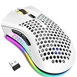 Kabellose Gaming Maus, Computermaus mit Wabenschale, 7 programmierte Tasten, 3 einstellbare DPI, USB-Empfänger, tragbare, ergonomische optische RGB- für Laptop PC/Mac, schwarz (White)