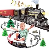 Aragallant Elektrische Eisenbahn Kinder, Retro Zug Elektrisch, Dampfzug Spielzeug, Legierung Weihnachtszug Weihnachtsbaum Set mit Dampf, Sounds und Lights Geschenke für 3-7 Jahre Jungen Mädchen Zugset