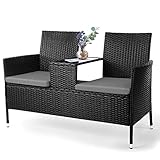 Balkonmöbel set, Polyrattan Gartenbank, 2-Sitzer Gartenmöbel Set mit Tisch + Grau Kissen, Rattan Material Balkonmöbel Wetterfest, Bequem und Atmungsaktiv, Schwarz, Groß Gartenbank(124,5X56X82,5cm)