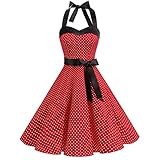 OBEEII Damen 50er 60er Jahre Kleid Vintage Cocktailkleid Neckholder 1950er Hepburn Stil Rockabilly Petticoat Kleid Rot M