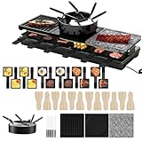 UISEBRT Raclette Grill für 12 Personen,3 in 1 Raklettgerät mit Pfännchen,Fondueset,heißer Stein,12 Pfännchen und 12 Holzspachtel,Raclettegrill antihaftbeschichteter Grillplatte,1650W
