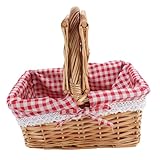 MUNEFE Weidenkorb mit Griff, Picknickkorb Hand, Weidenkorb mit Deckel Rattan, geeignet für Picknicks, Wandern, Camping und Familientreffen (Rot kariert)