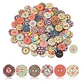 cobee 100 Stück Bunte Holzknöpfe, 15mm Vintage Nähen Knöpfe Rund Blumen Puppenknöpfe Basteln Buttons Knöpfe zum Annähen, Geometrishes Muster Kinderknöpfe für Nähen DIY Basteln Handwerk Deko