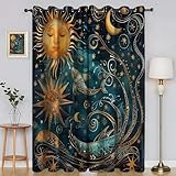 Generisch Vorhang Gelbe Sonne Blickdichte Vorhänge, Blaugrüne Fische Verdunklungsvorhänge Gardinen Thermo Vorhänge Blackout Curtain für Schlafzimmer Wohnzimmer H245 x B140 cm (2er Pack) SA802