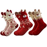 MAKFORT 3 Paar Weihnachtssocken Damen Baumwolle Winter Warm Weihnachten Socken Rentier Schneeflocke Socken Weihnachtsgeschenke Für Frauen 34-38