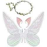 Feenflügel Kostüm, Damen Mädchen Schmetterlingsflügel Elfenflügel mit Elfenohren Blumenkranz Halloween Kostüm Zubehör Karneval Fee Party Schmetterling Kostüm Feenkostüm für Kinder Erwachsene (Weiß)