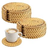 FUNSUEI 2 Set Handgeflochtene Rattan Untersetzer, 12 Getränkeuntersetzer mit 2 Haltern 10 cm Rund Tassenuntersetzer, Hellbraun Untersetzer für Tassen, Vasen