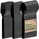 HAAGO 180-tlg. Besteckset Bioplastik Kompostierbar (60x Messer, 60x Gabeln, 60x Löffel, Schwarz) - Umweltfreundlich Ideal für Catering & Hochzeiten