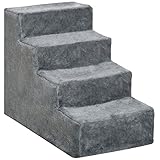 PawHut Haustiertreppe 4-stufige Hunderampe mit Abnehmbarer Bezug Katzentreppe Hundetreppe Tiertreppe Plüsch Grau 60 x 35 x 44 cm