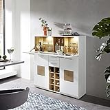 Lomadox Barschrank Hausbar Weinschrank Minibar, matt weiß modern Eiche Nb. und LED Beleuchtung, B/H/T: ca. 120/129/37 cm