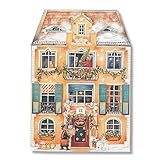 Adventskalender 'Im Weihnachtshaus': Ein Haus zum Aufklappen (42 x 59 cm), beidseitig bedruckt: außen die Hausfassade (m. Silberglimmer), innen die Zimmer m. Türchen