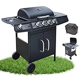 4-Brenner BBQ Gasgrill 8kW - Mit Seitenbrenner Gas Grillwagen inkl. Grillrost, Deckel - Grill mit Thermometer, Warmhalterost, Seitenablagen & Plane (Schwarz)