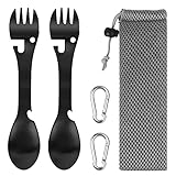 2 Stück Edelstahl Göffel Camping Besteck 5 In 1 Multifunktions Löffel Gabel Messer Flasche&Dosenöffner, Outdoor Spork Besteck Set mit 2 Karabiner für Reisen Wandern Picknick, Schwarz