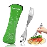 Göffel Camping Besteck, Wiederverwendbare Sporks Edelstahl Portable Reisebesteck mit Bestecktasche für Picknick Reise im Freien (Grün)