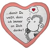 Sheepworld Plüschkissen Motiv 'Denke' | Plüschkissen in Herzform, 30 cm x 25 cm, Mehrfarbig, 100% Polyester | Geschenk, Liebe, Valentinstag | 48183