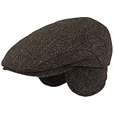 Herren Winter Schiebermütze mit Ohrenklappen | Flatcap | Schirmmütze – aus 100% Wolle im Fischgrat Design – mit ausklappbarem Ohrenschutz - Hautfreundlich & Bequem, 59, Grau