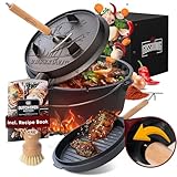 GUSSKÖNIG Dutch Oven Set - Eingebrannter Dutch Oven 9 Liter - Feuertopf Gusseisen mit Füßen - Schmortopf Doppelfunktion - inkl. 2in1 Deckelheber, Bürste & DutchOven Rezeptbuch [für 6-10 Personen]