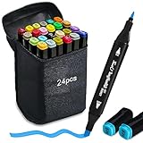 Graffiti Stifte 24 Fraben Alkohol Marker Stifte Set, Twin Tip Design Manga Stifte Permanent Marker Filzstifte für Zeichnen Gestalten Skizzieren Handlettering Tagging mit Schwarzer Handtasche