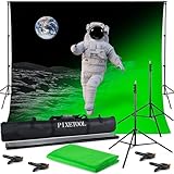 PIXETOOL Greenscreen (3m x 3m) mit Ständer (2,6m x 3m) - Fotohintergrund - Fotostudio Set – Green Screen - Hintergrund – Hintergrundstoffe - Stativ - 4 Klemmen – Gaming Streaming Fotografie Zubehör
