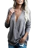 Damen Pullover Herbst Winter Pulli V Ausschnitt Kreuz Strickpullover Sexy Elegant Loose Oberteile Sweatshirt Langarmshirt Tunika Tops M, Grau