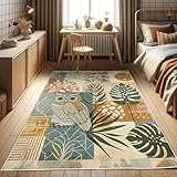 ABAKUHAUS Mitte des Jahrhunderts Dekorativer Teppich, Tropische Blätter Eule, Hochwertiger Flächenteppich für Schlafzimmer und Wohnzimmer, 157x229 cm, Jadegrün Bernstein